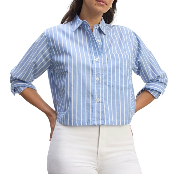 Everlane Tops - Everlane The Way-Short Shirt in Silky Cotton Blue & White Stripe Sz M